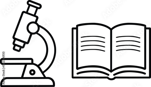 Simple line art icons depicting an open book and a microscope symbolizing knowledge and scientific discovery