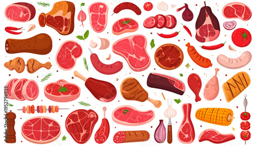 Various Meat Cuts Collection – Sausage Steak Chicken and Kebab Vector Illustration