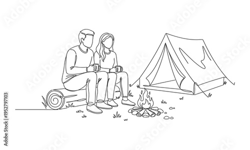 Single one line drawing couple hikers sitting on log of wood near campfire in forest. Campfire near camp tent camping nature mountains