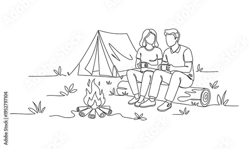 Single one line drawing couple hikers sitting on log of wood near campfire in forest. Campfire near camp tent camping nature mountains