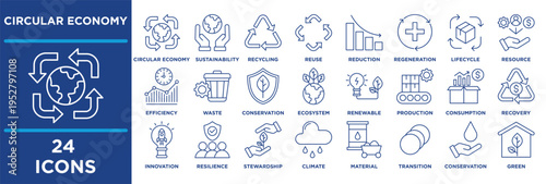 Circular economy icon set featuring circular, economy, sustainability, recycling, reuse, reduction, regeneration, lifecycle. blue illustration vector