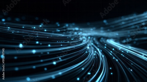 Flowing streams of bright blue light particles move through a dark digital space