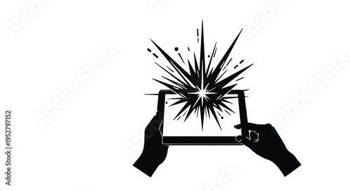 Hands interacting with a digital tablet screen generate a bright starburst effect indicating high performance.