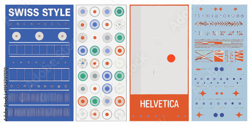 Four panels displaying typographic and graphic design elements in blue and orange