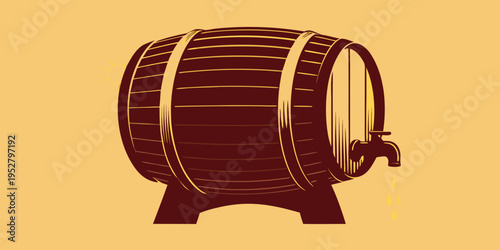 Vintage wooden barrel with a spigot isolated on a golden background
