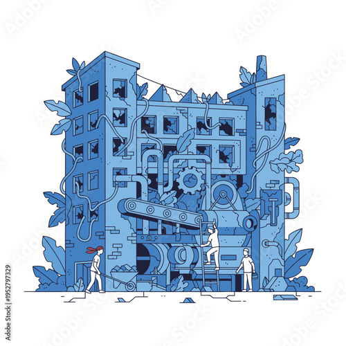 Abstract Blue Industrial Building with Nature Elements.