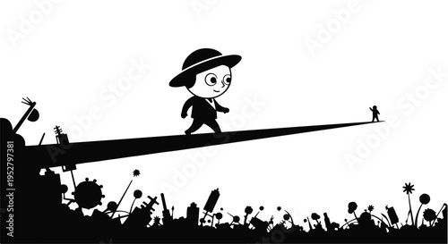 Cartoon character walking on a narrow plank represents the journey toward a distant goal.