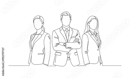 Women and men standing at concert, meeting group of three people rejoice and cheer continuous one line vector drawing