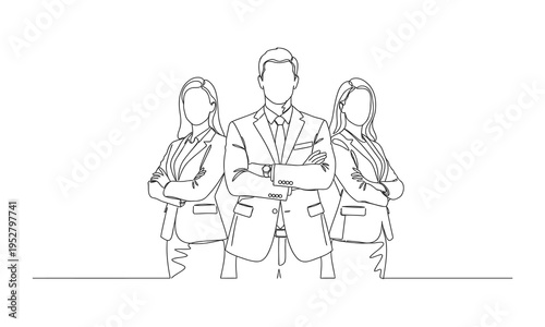 Women and men standing at concert, meeting group of three people rejoice and cheer continuous one line vector drawing