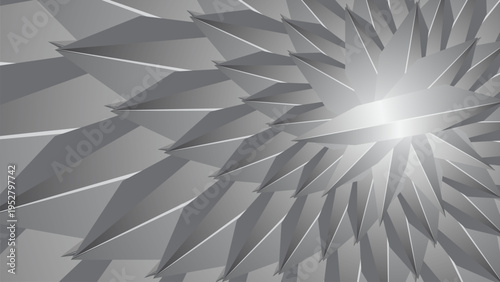 Abstract geometric pattern radiates outward in gray tones. Sharp, angular shapes form a dynamic, spiraling design. Bright center contrasts with deep shadows, creating depth