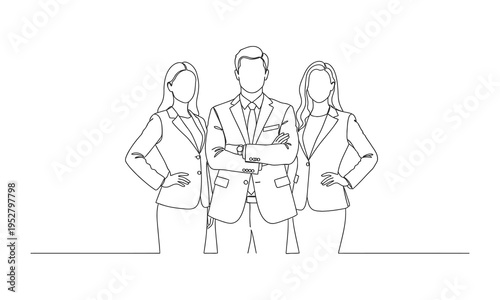 Women and men standing at concert, meeting group of three people rejoice and cheer continuous one line vector drawing