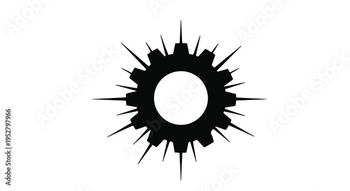 Gear icon with radiating spikes represents industrial innovation and mechanical engineering precision.