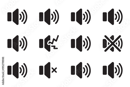 Audio speaker volume icon set. sound waves, sound off, mute, music, isolated vector illustrations on white background