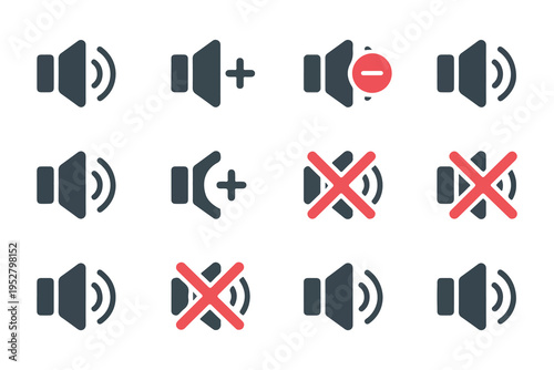 Set of volume control icons in different states showing sound level adjustments and mute options for audio playback interfaces.