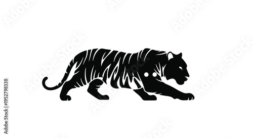 Tiger silhouette stands in a stalking position while showcasing its powerful muscular frame and distinct striped pattern.