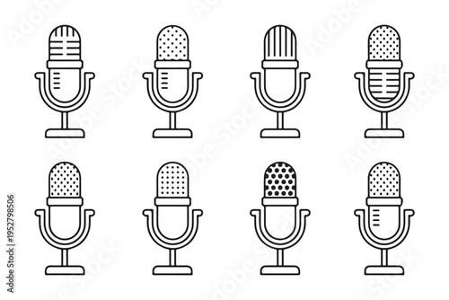 Set of line art microphone icons with different grid patterns, suitable for podcasting and audio recording