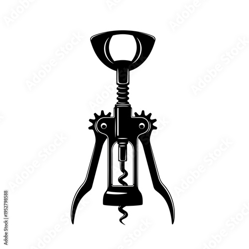 A closeup of a metallic silver wine bottle corkscrew opener tool with a spiral steel screw and chrome lever isolated on a white background for kitchen utensil object photography
