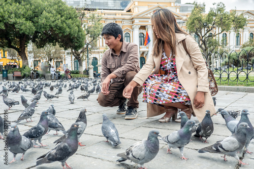 Bild auf Leinwand Two Latino friends on vacation in Plaza Murillo in La Paz, Bolivia - concept of