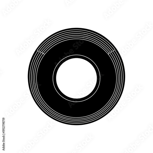Isolated macro illustration of a black metal camera lens with glass aperture and shutter button icon on a white background for photography web design technology equipment