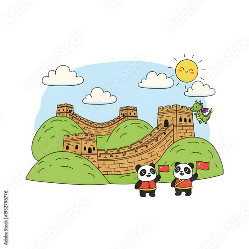 Great Wall of China Kids Cartoon Vector with Cute Pandas and Dragon