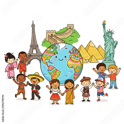 Global Travel and Cultural Diversity Kids Cartoon Vector