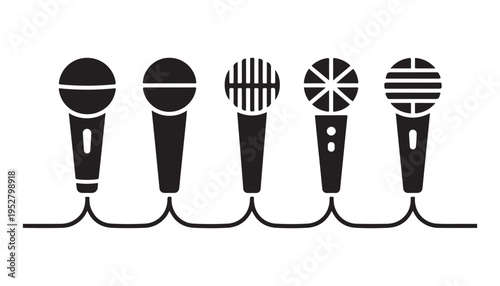 Five microphone icons connected by a wavy cable line in black, symbolizing sound output and connectivity