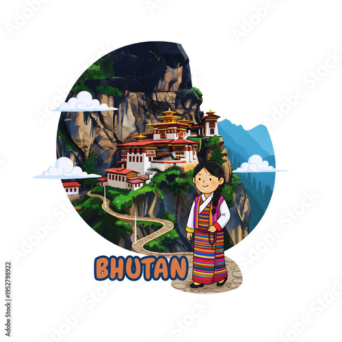 Cartoon Illustration of Tiger’s Nest Monastery Landmark in Bhutan