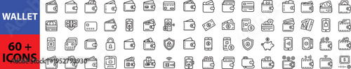 Wallet set of web icons in line style. A collection of linear icons representing wallet concepts, including cash, credit cards, digital wallet, money, security, payment, mobile wallet. Outline icon