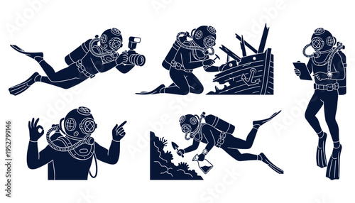 Vintage scuba diver illustrations showing various underwater exploration activities