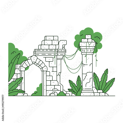 Ancient Stone Ruins Overgrown with Lush Greenery.