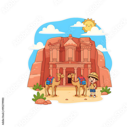 Petra Jordan Treasury Kids Cartoon Vector with Camels and Explorer