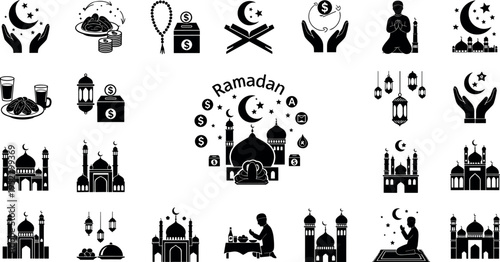 Ramadan kareem islamic icons collection with mosque crescent moon lantern prayer zakat fasting and religious vector illustration set