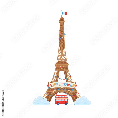 A famous travel souvenir of the Eiffel Tower landmark in Paris, France, features a metal model of the iconic monument isolated over a map as a symbol of French architecture and tourism , style cartoon