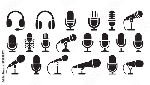 Set of various microphone and headset vector icons for audio recording, podcast, and broadcast equipment