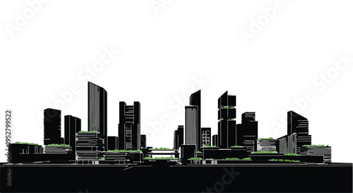 City skyline silhouette showcases modern high-rise architecture and urban development against a plain white background for professional use.