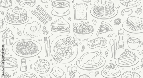 Various breakfast food items hand drawn line art pattern including pancakes eggs bacon coffee and sandwiches for menu design and kitchen cafe interiors