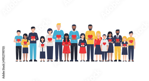 Diverse People Holding Red Hearts Together - Unity, Love, Charity, Community