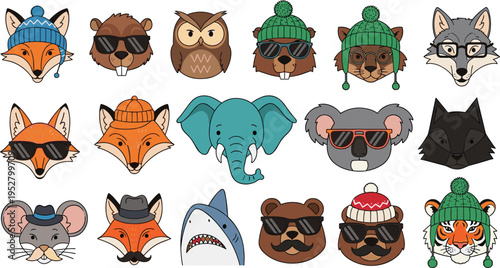 Cute animal faces collection with hats and sunglasses, funny cartoon wildlife characters set in colorful vector style