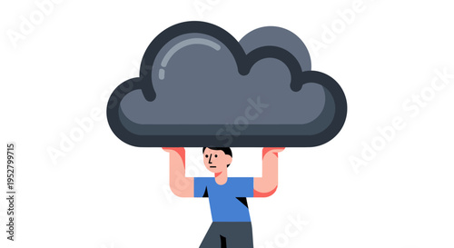 Man Holding Heavy Dark Cloud Above Head, Burden Concept