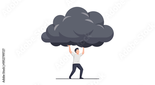 Man holding a dark cloud overhead, symbolizing burden, stress, or bad luck