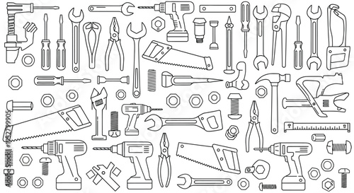 Collection of construction tools and hardware equipment line icons including drills saws wrenches and hammers for diy home improvement and repair work