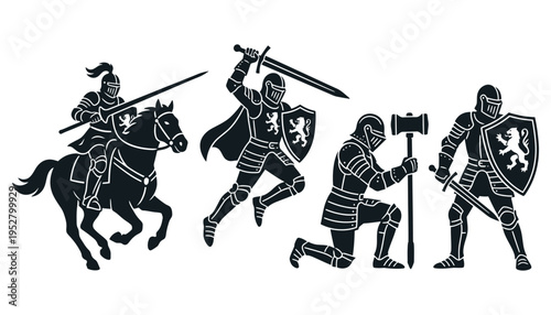 Medieval knight silhouettes set including mounted warrior and armored soldiers