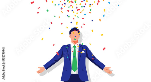 Businessman celebrating with colorful confetti falling down, isolated on white background