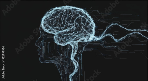 Brain profile silhouette displays a glowing digital network of neural connections representing advanced artificial intelligence and mental processing on a dark background.