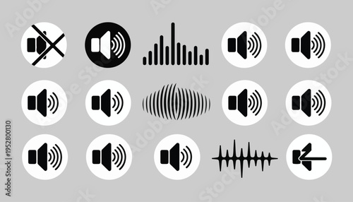 Audio volume icons set with various speaker symbols including mute sound waves and audio frequency levels sign