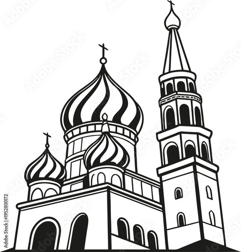 Black and white vector illustration of a traditional Russian Orthodox church with multiple onion domes and a tall bell tower, ideal for travel, history, or religious design projects.