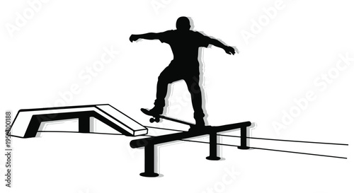 Skateboarder performs a trick on a metal grind rail next to a ramp in a stylized black silhouette.