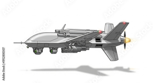 Detailed side view of a modern unmanned aerial vehicle in flight, isolated.