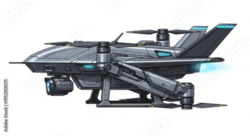 Futuristic drone aircraft with advanced technology and design for aerial surveillance.