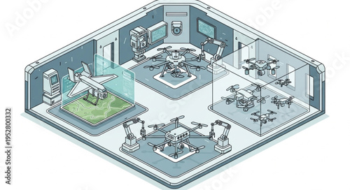 Isometric view of a drone testing facility with multiple drones and equipment.